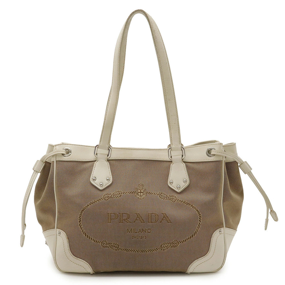 Prada jacquard tote bag shoulder Hobo Beige Brown Cream white
